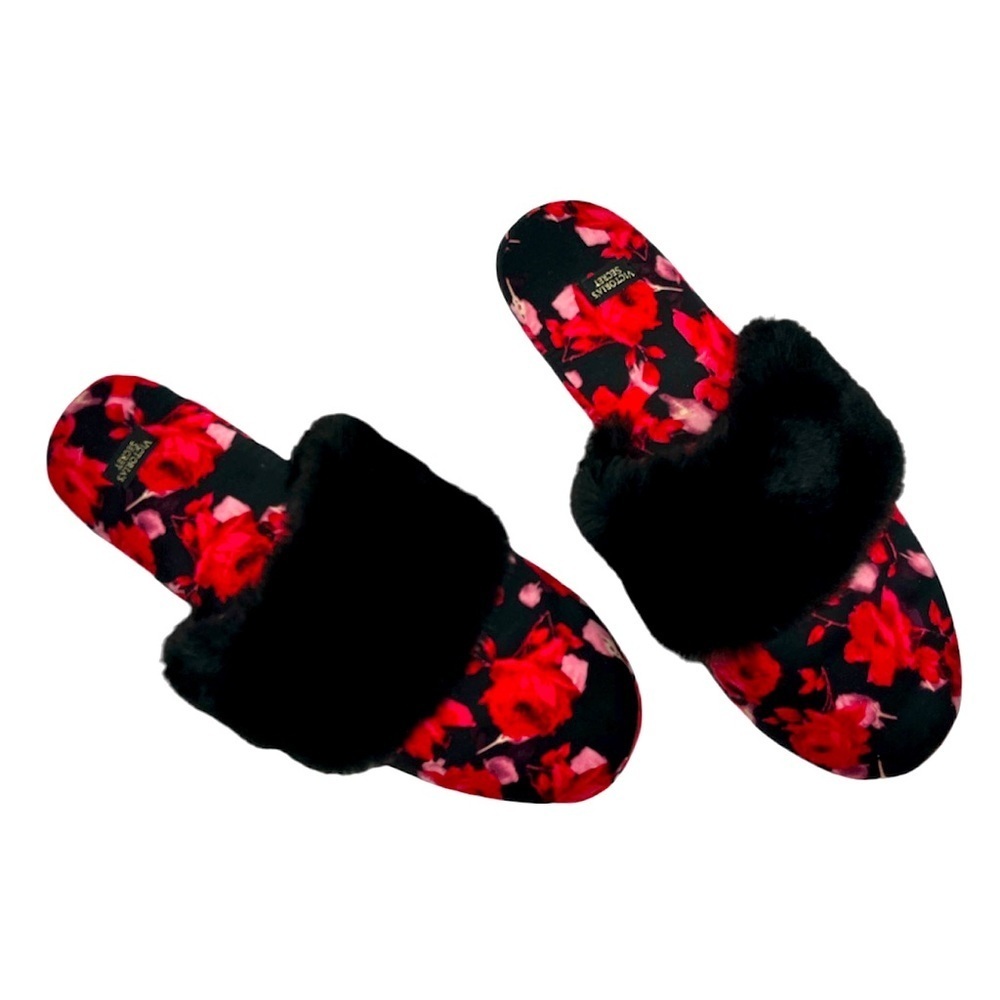 Victoria’s Secret Satin Floral Faux Fur Slippers Size Medium New